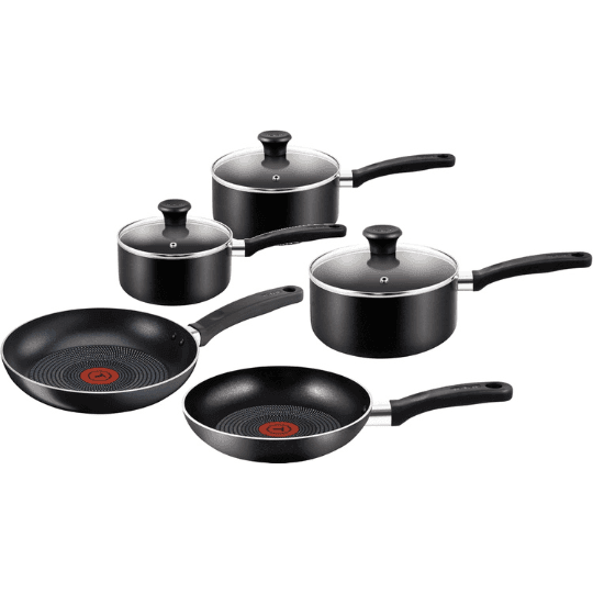 Tefal Essential Non-Stick 5-Piece Pan Set, Glass Lids, Black