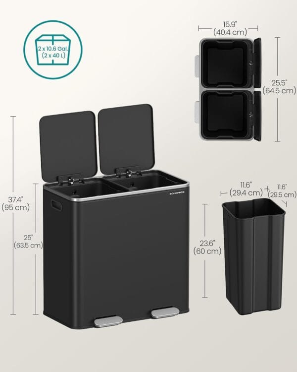 SONGMICS Dual Rubbish Bin, Metal Recycling Bin with 15 Rubbish Bags