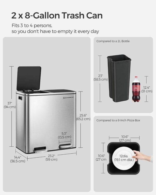 SONGMICS Trash Can, 2 x 8 Gallon (2 x 30 L) Garbage Can for Kitchen with 15 Trash Bags