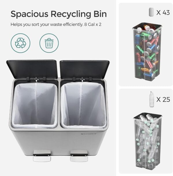 SONGMICS Trash Can, 2 x 8 Gallon (2 x 30 L) Garbage Can for Kitchen with 15 Trash Bags