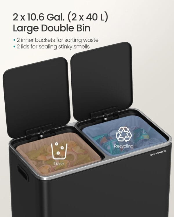 SONGMICS Dual Rubbish Bin, Metal Recycling Bin with 15 Rubbish Bags