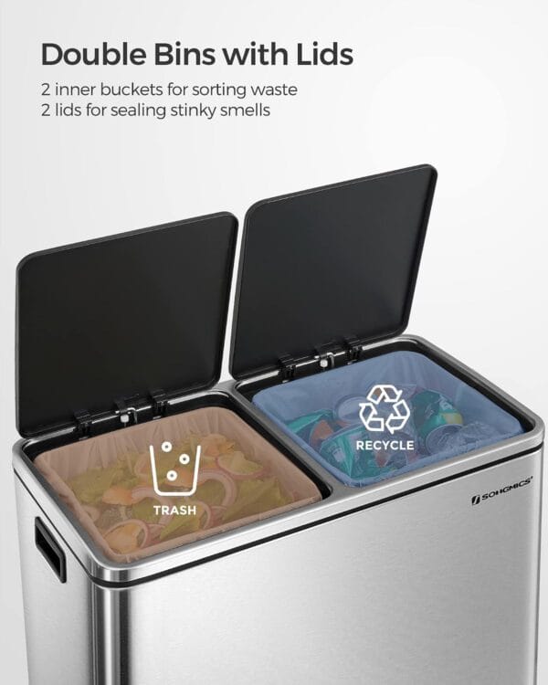 SONGMICS Trash Can, 2 x 8 Gallon (2 x 30 L) Garbage Can for Kitchen with 15 Trash Bags