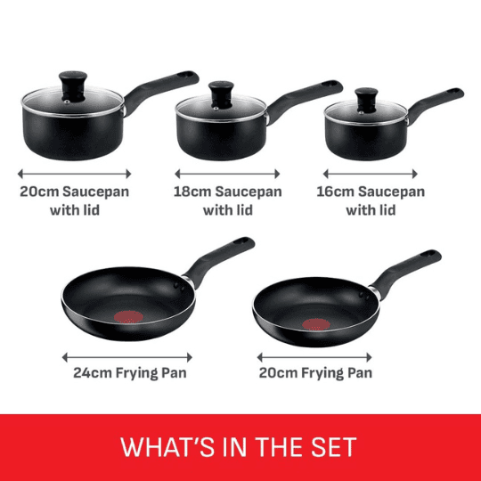 Tefal Essential Non-Stick 5-Piece Pan Set, Glass Lids, Black