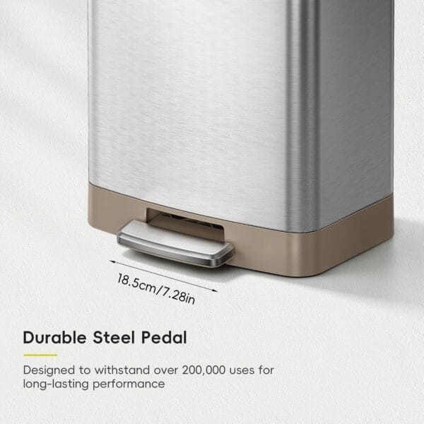 EKO Hudson Matte Stainless 50 Liter/13.2 Gallon Step Trash Can with Rear Trash Bag Storage Compartment